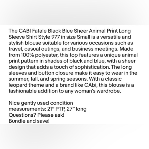 CABI Fatale Black Blue Sheer Animal Print Long Sleeve Shirt Style 977 Size Small - Picture 9 of 9